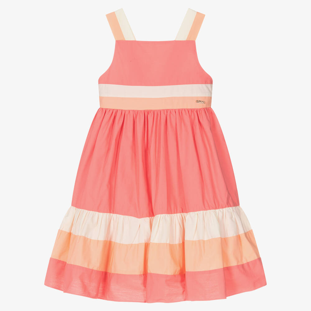 Patachou - Girls Coral Pink & Orange Cotton Dress | Childrensalon