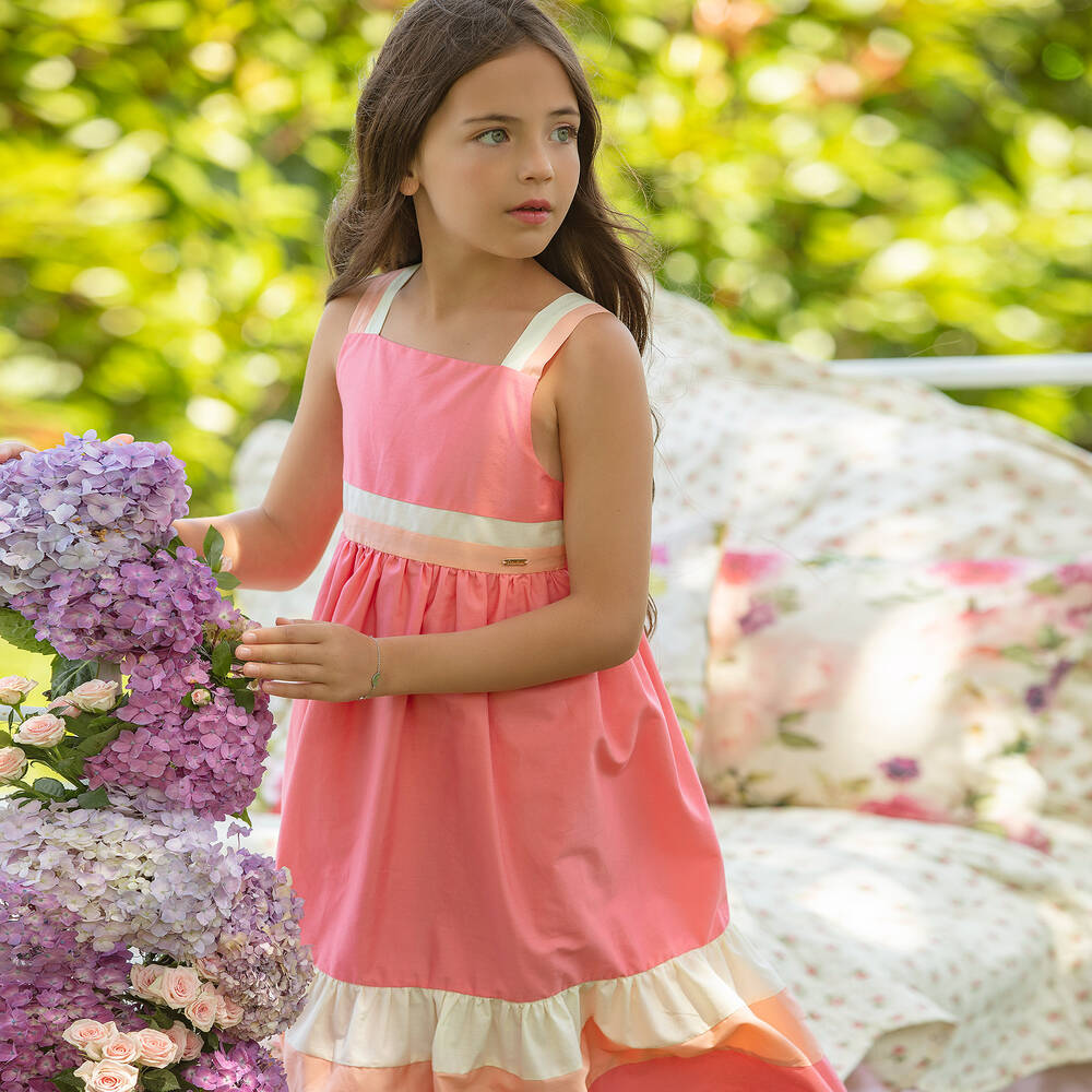 Patachou Girls Coral Pink & Orange Cotton Dress Childrensalon Outlet