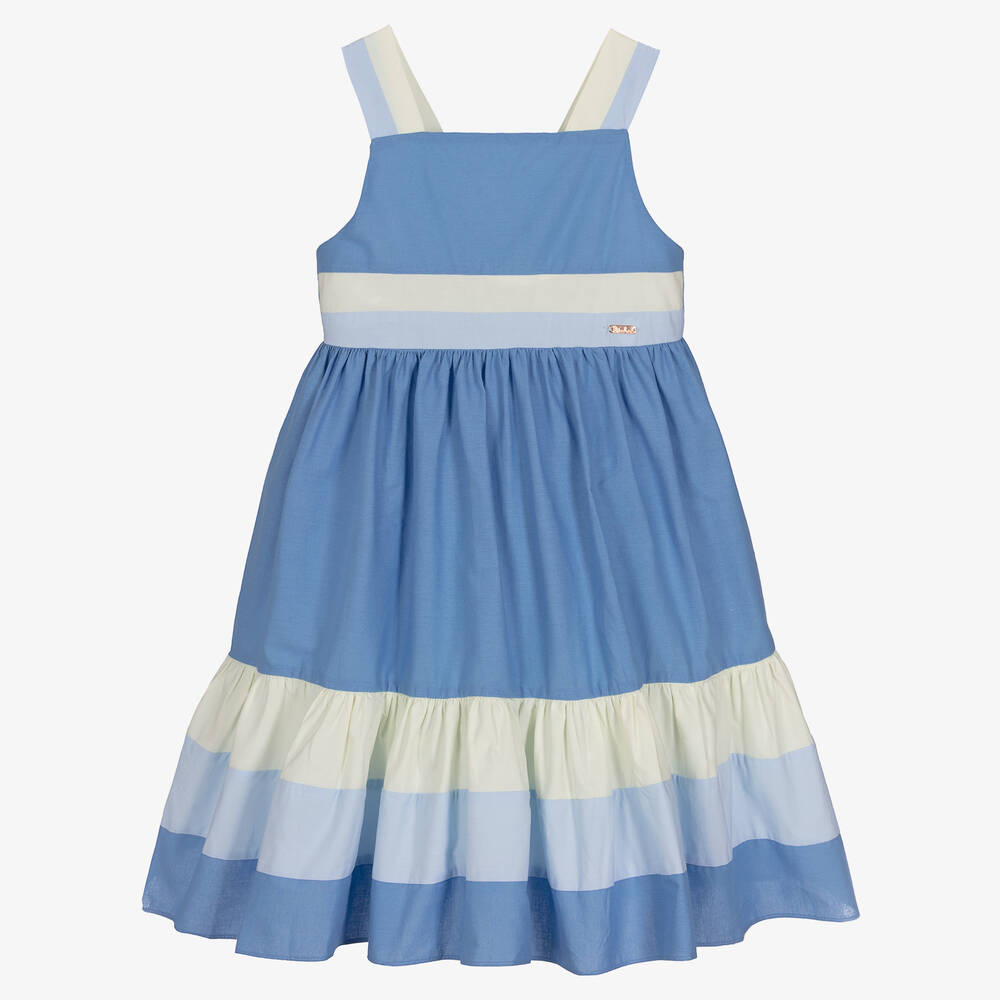 Patachou - Girls Cornflower Blue & Ivory Cotton Dress | Childrensalon