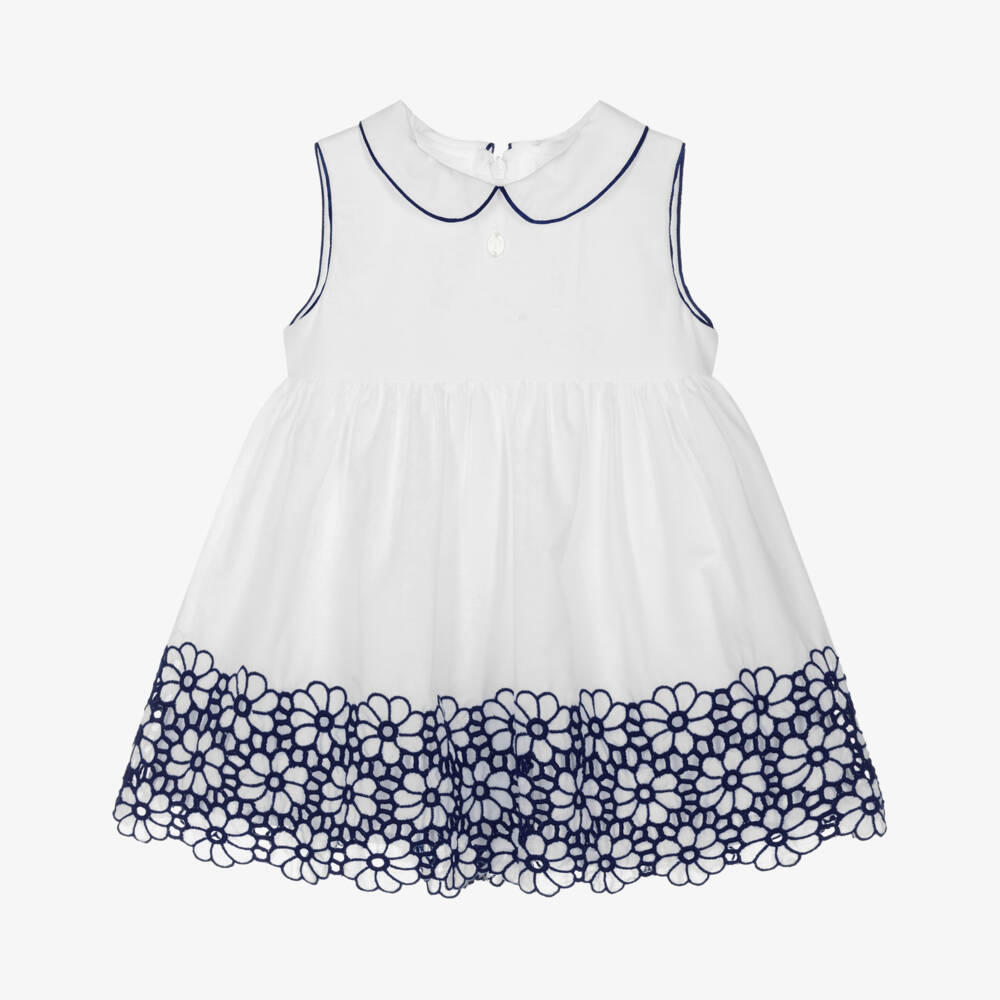 Patachou-Girls Cotton Dress in White & Navy | Childrensalon Outlet