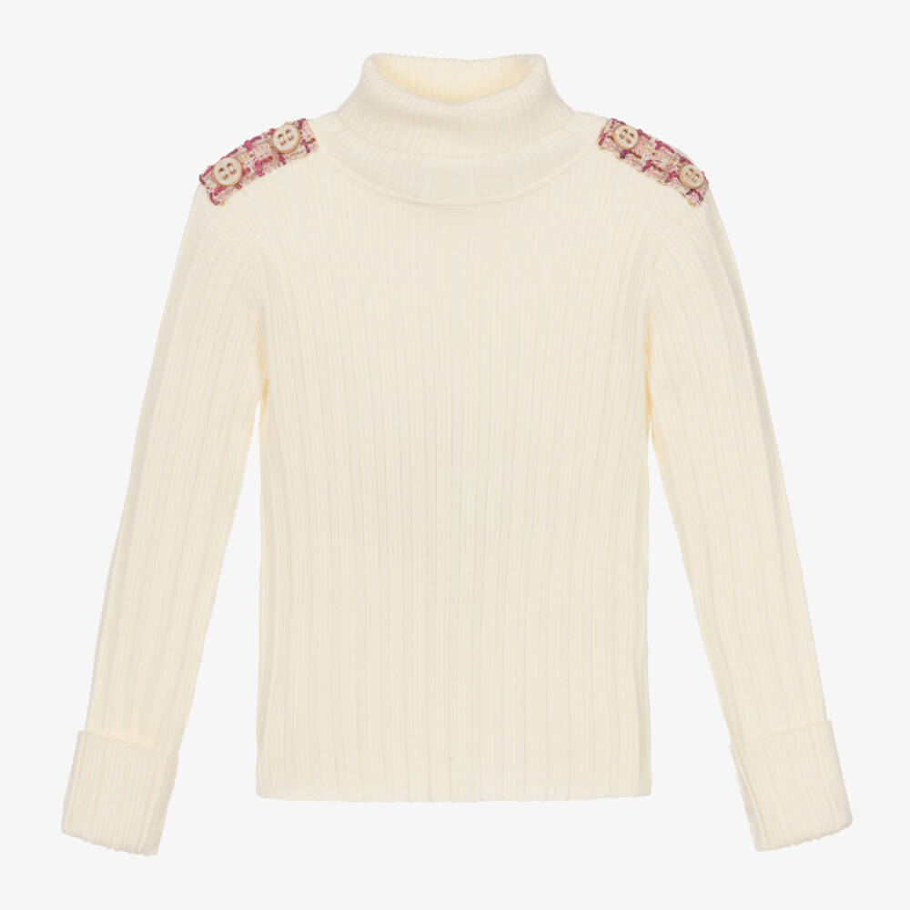 Patachou-Girls Cream Turtleneck with Tweed Accents | Childrensalon Outlet