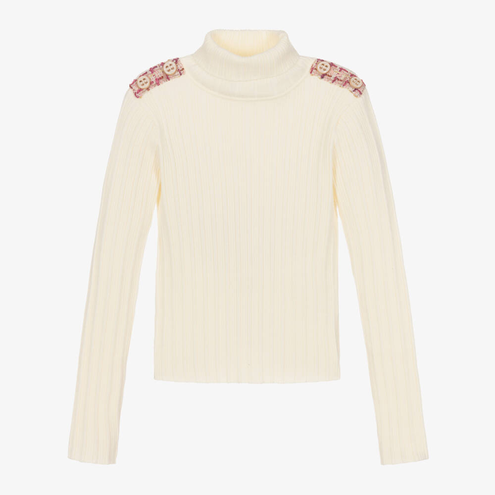 Patachou-Кремовая водолазка с твидовыми акцентами для девочек | Childrensalon Outlet