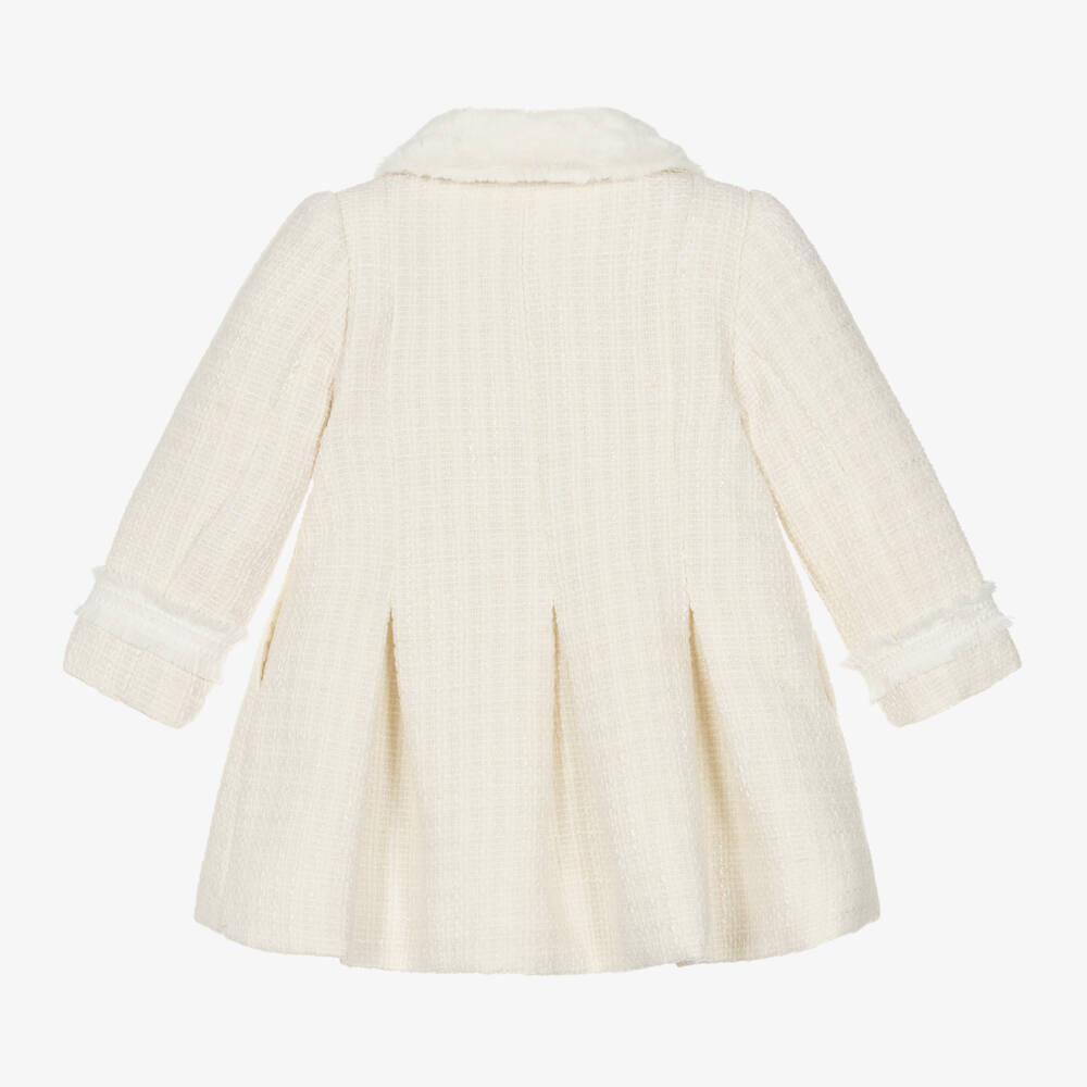 Patachou-Girls Cream Tweed Coat with Fur Trim | Childrensalon Outlet