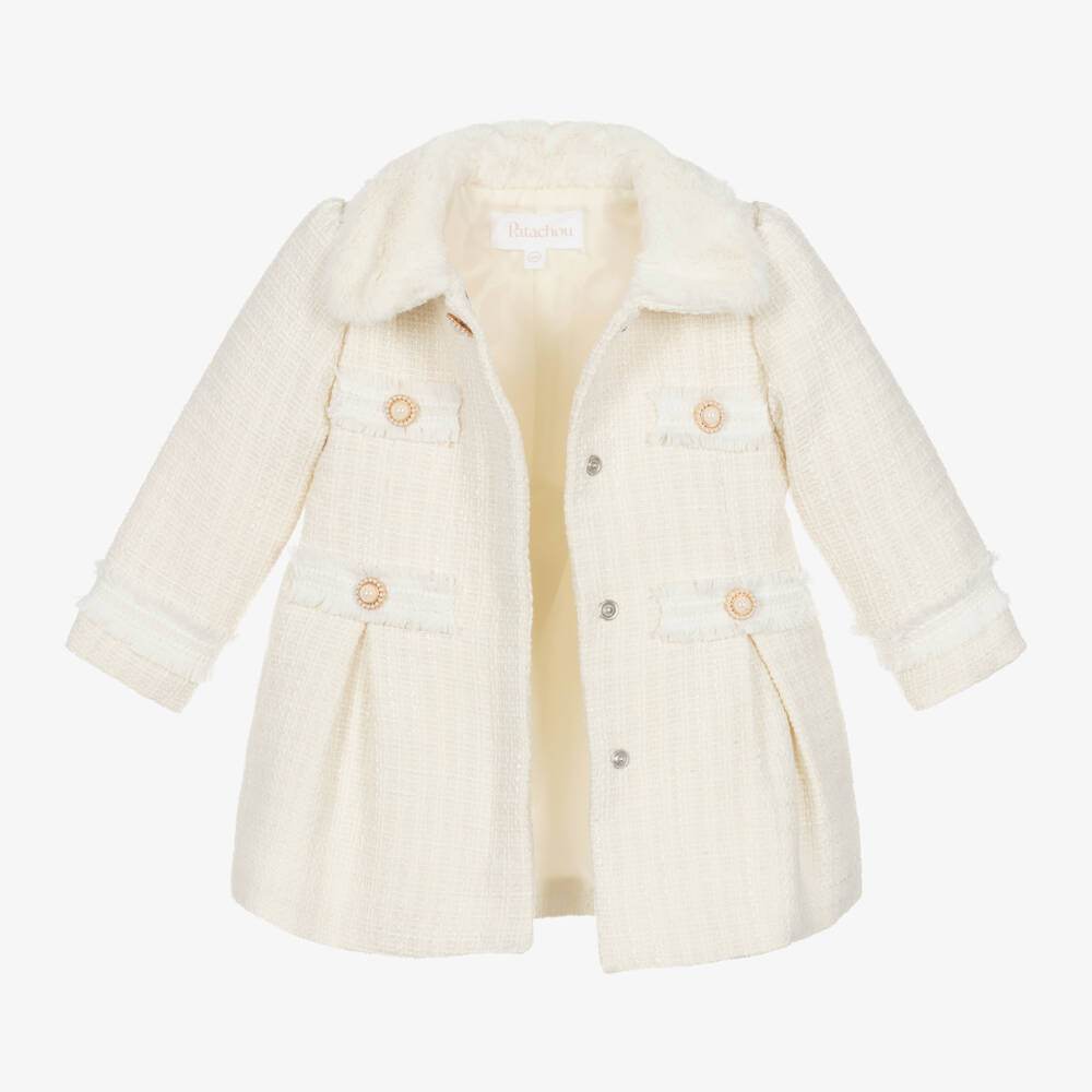 Patachou-Girls Cream Tweed Coat with Fur Trim | Childrensalon Outlet