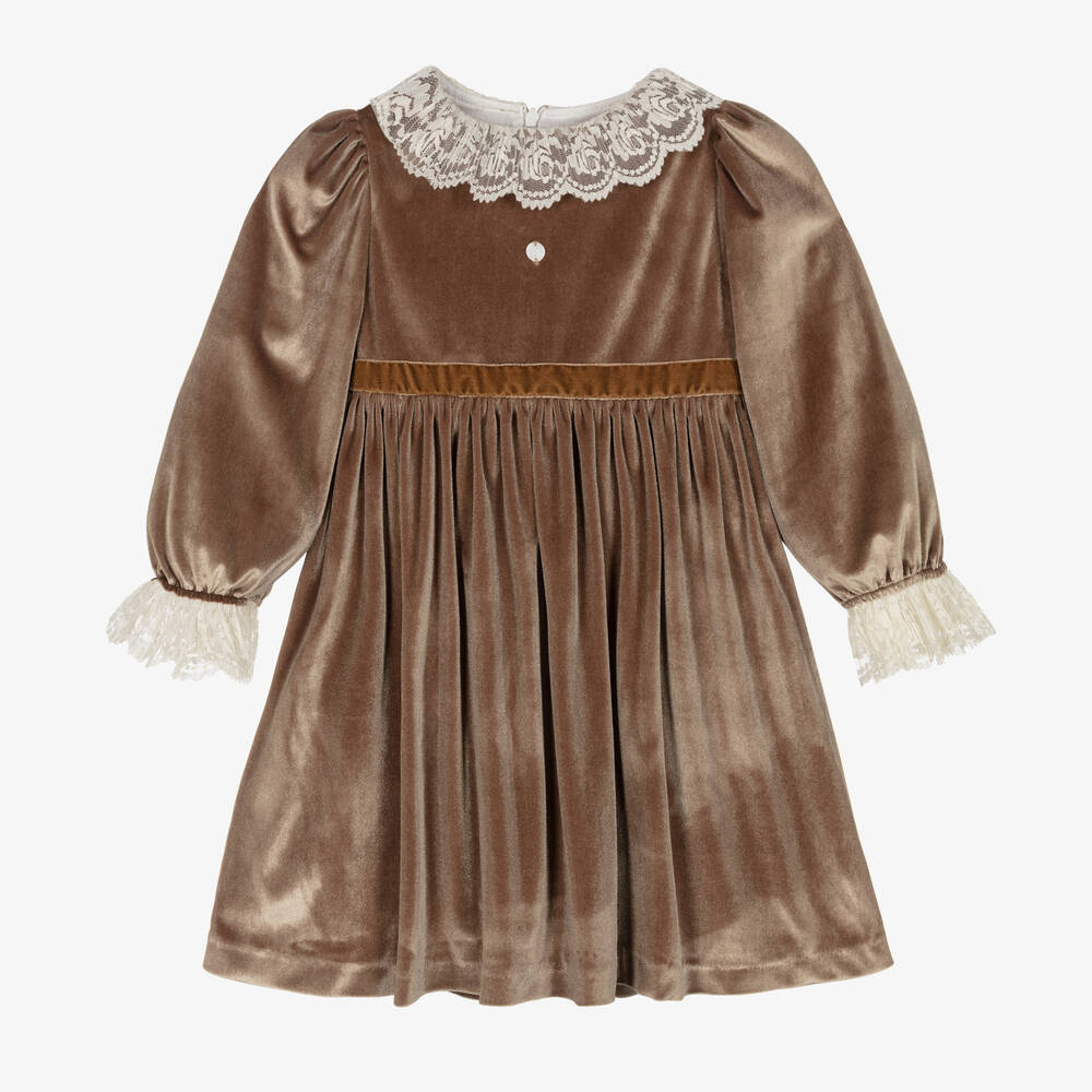 Patachou - فستان قطيفة لون بيج مزين بدانتيل | Childrensalon