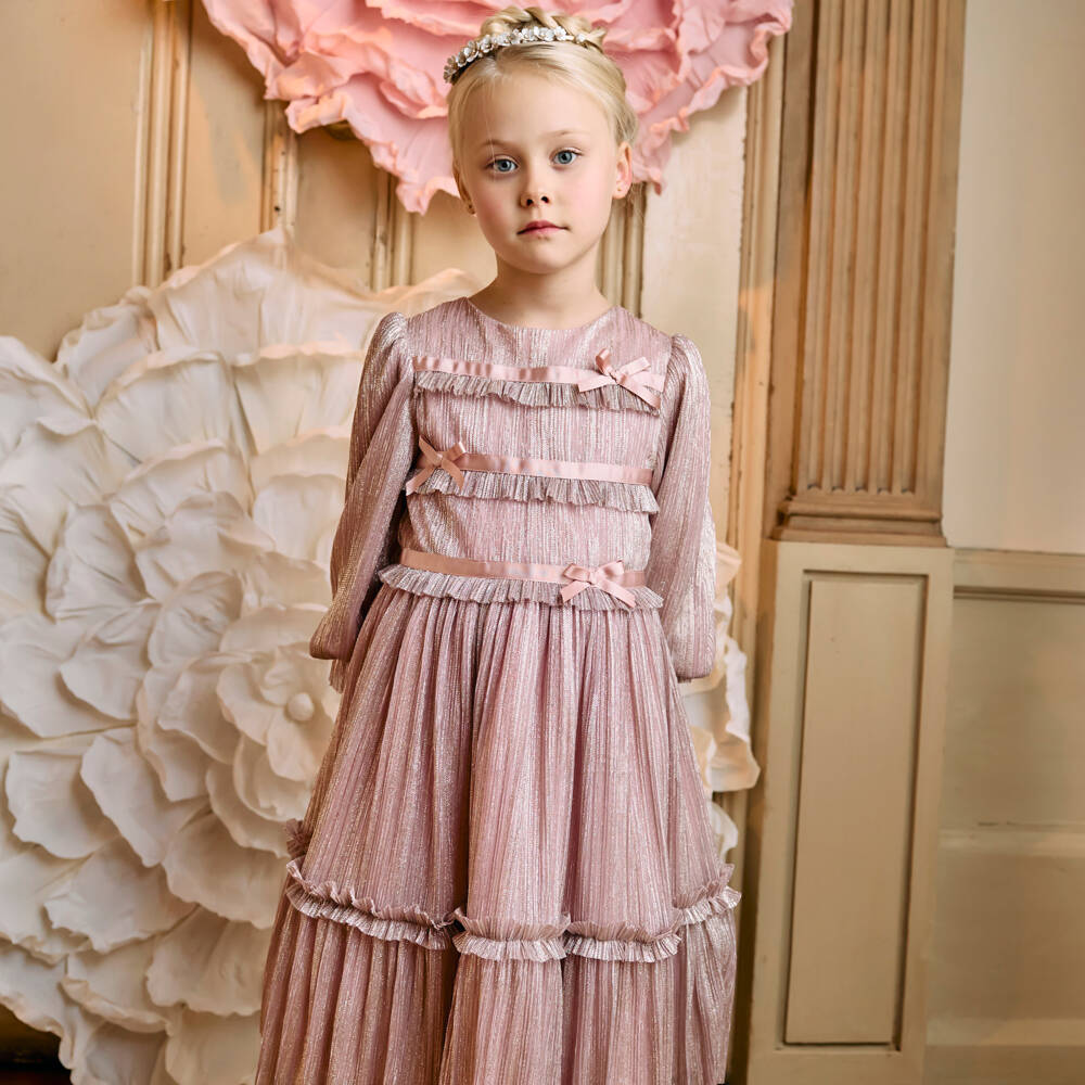 Patachou-Girls Dusty Pink Glittery Plissé Dress | Childrensalon Outlet