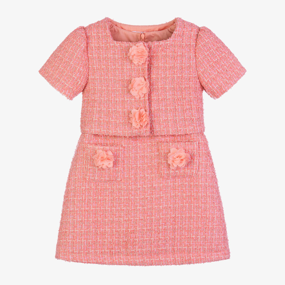 Patachou-Girls Elegant Coral Tweed Ensemble | Childrensalon Outlet