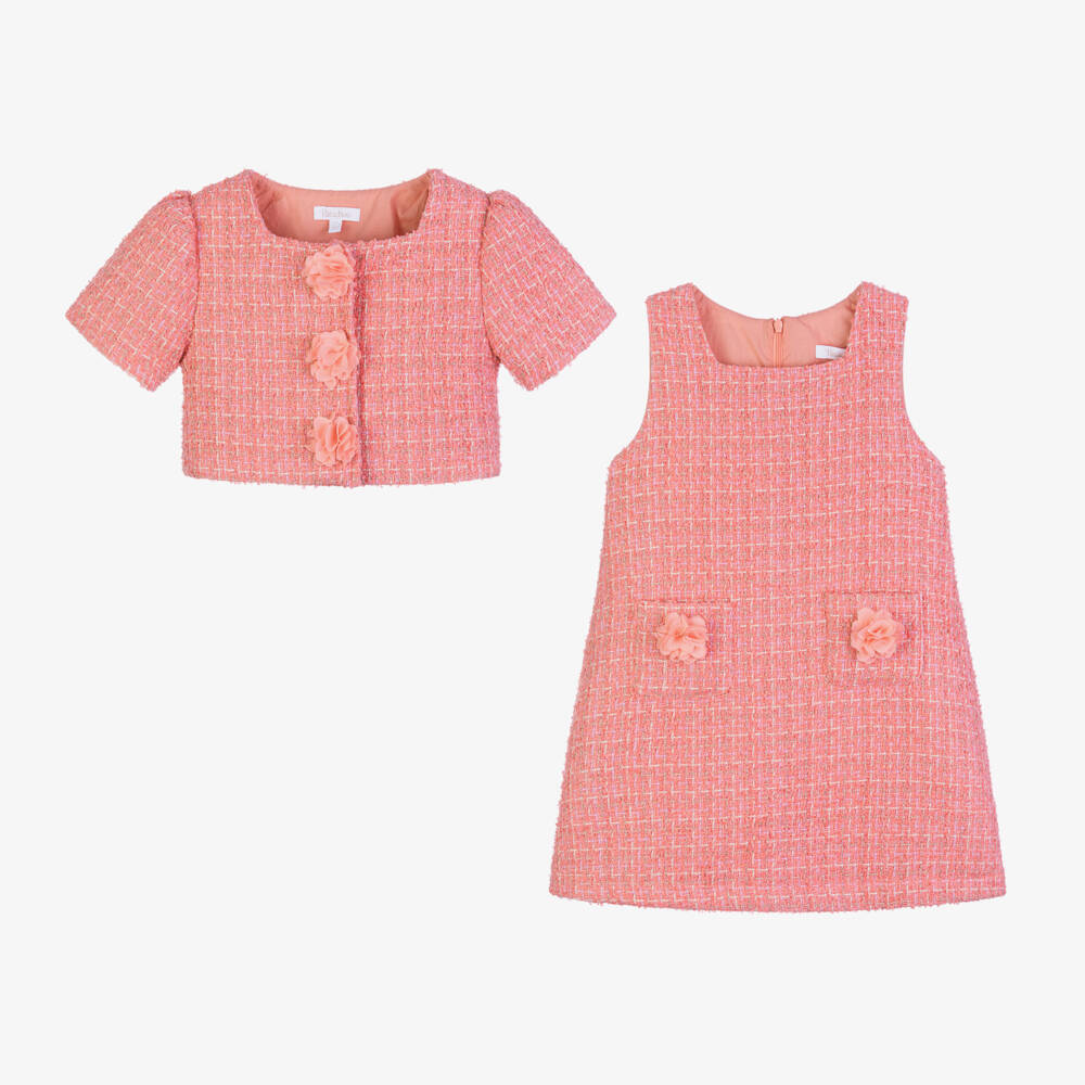 Patachou-Girls Elegant Coral Tweed Ensemble | Childrensalon Outlet