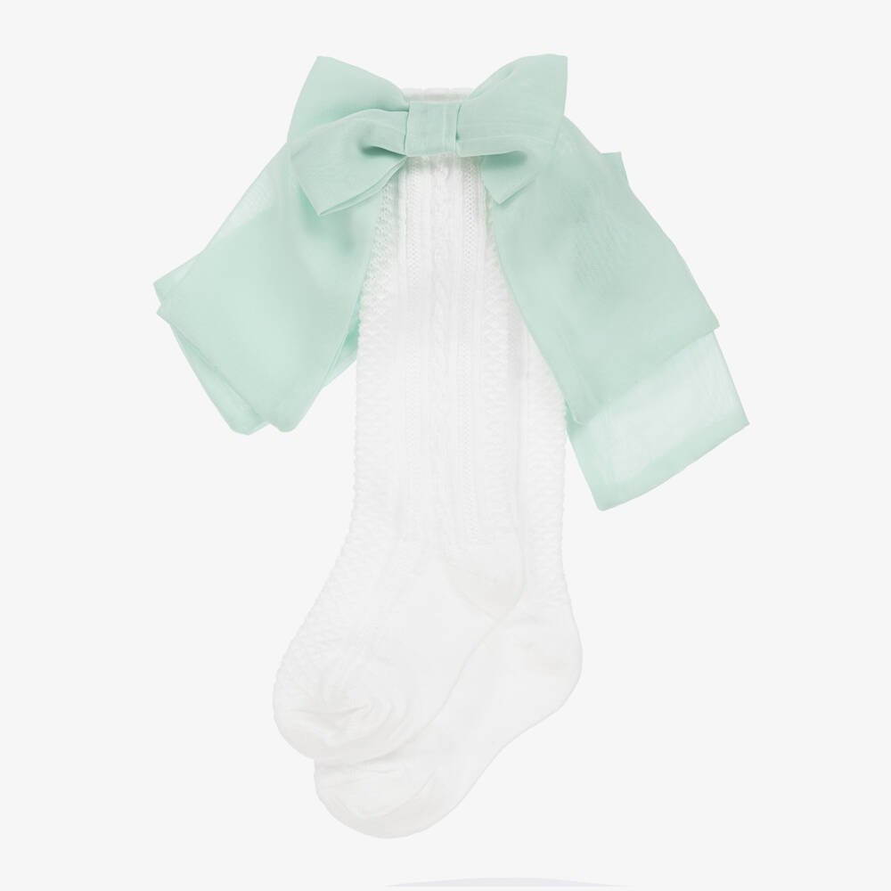 Patachou-Girls Elegant Ivory & Green Bow Socks | Childrensalon Outlet