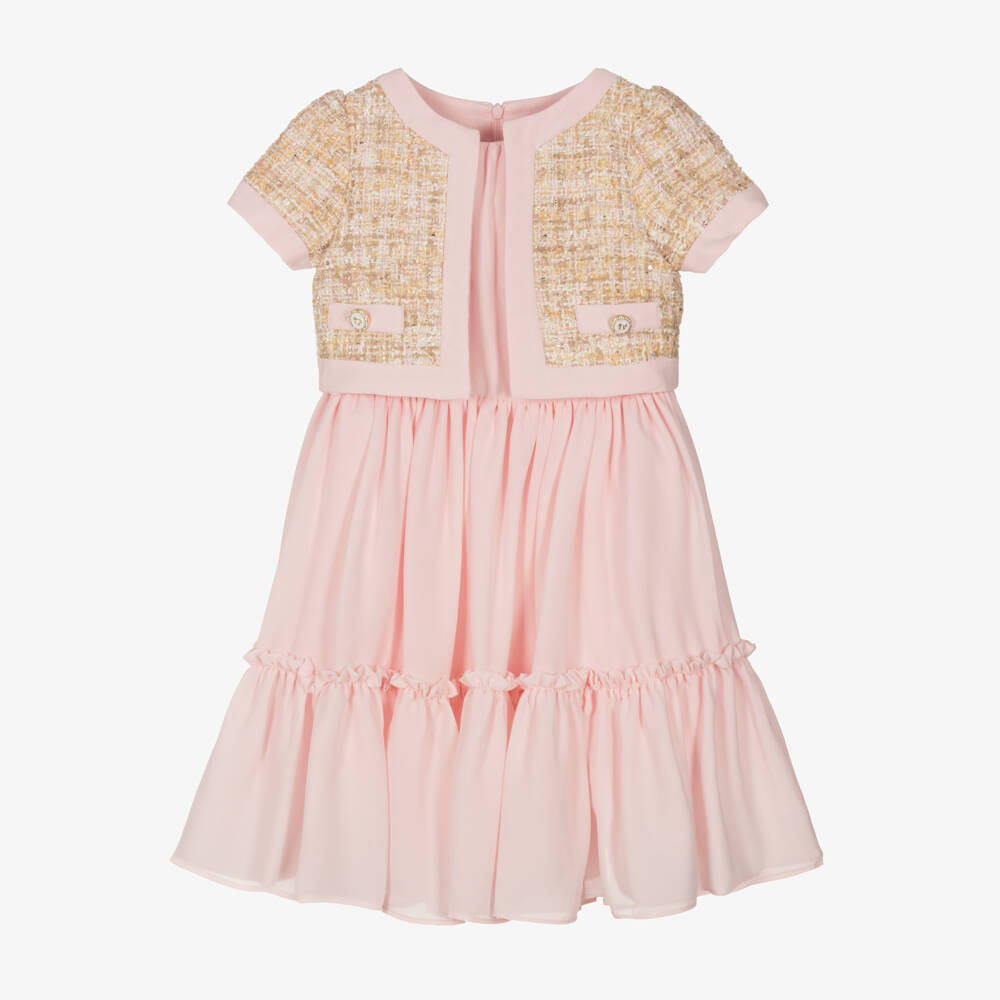 Patachou-Girls Elegant Pink Tweed & Chiffon Dress | Childrensalon Outlet