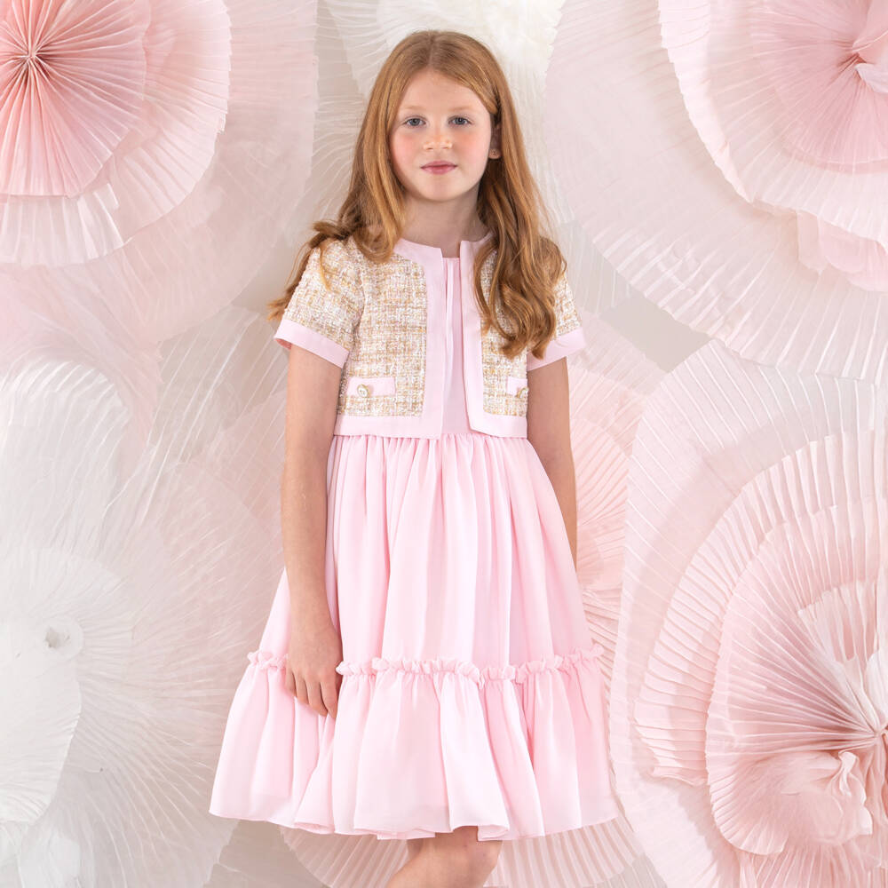 Patachou-Girls Elegant Pink Tweed & Chiffon Dress | Childrensalon Outlet