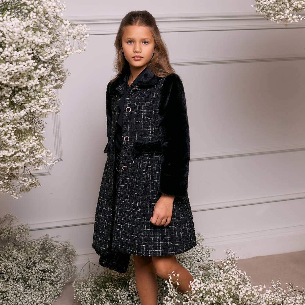 Patachou-معطف فرو صناعي وتويد لون أسود للبنات | Childrensalon Outlet