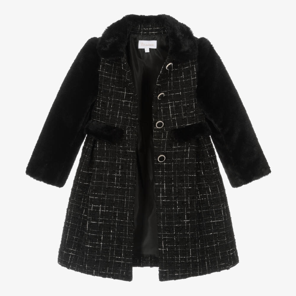 Patachou-معطف فرو صناعي وتويد لون أسود للبنات | Childrensalon Outlet