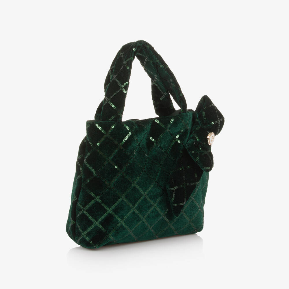 Patachou-Girls Emerald Green Sequinned Velvet Handbag (22cm) | Childrensalon Outlet