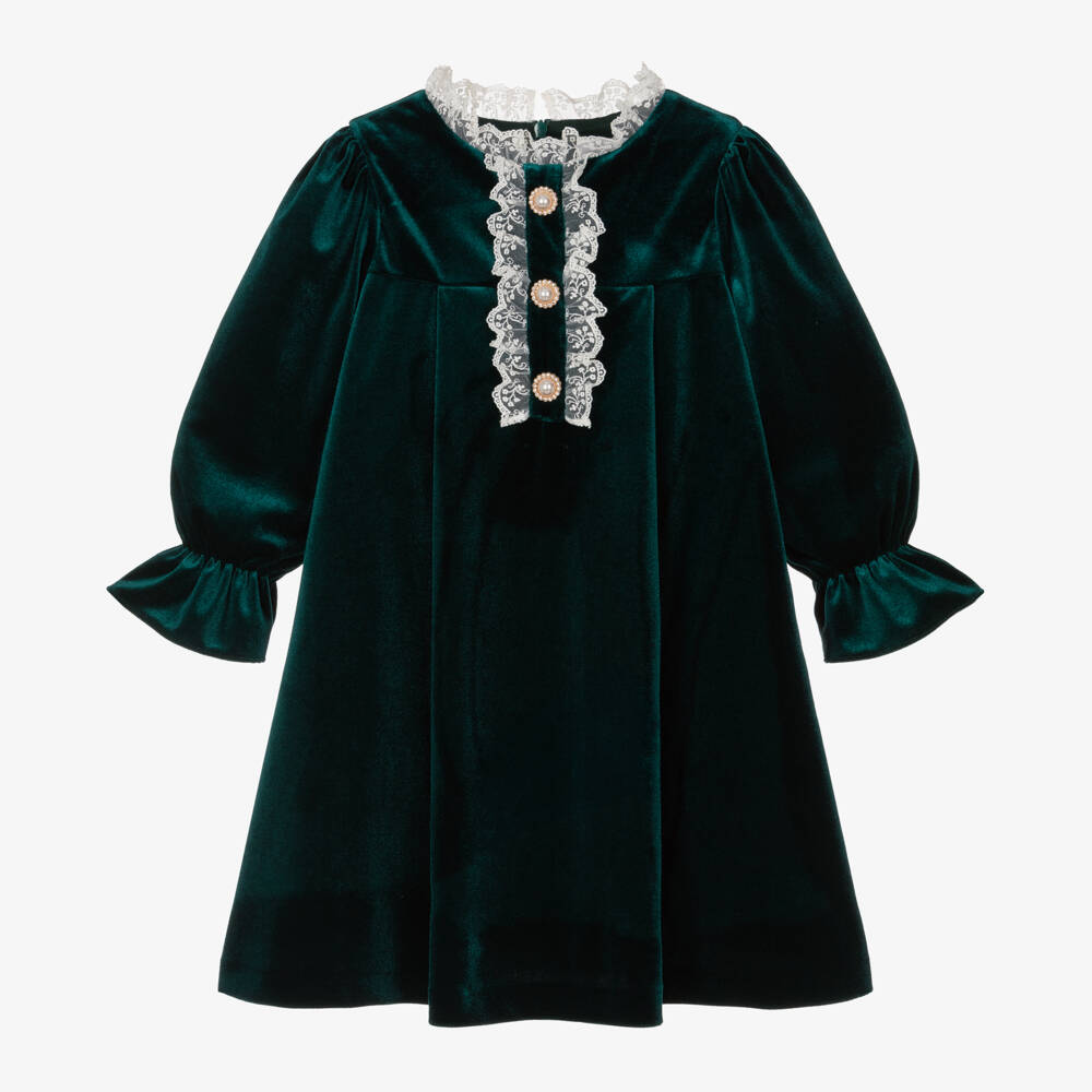 Patachou-Girls Emerald Velour Lace Dress | Childrensalon Outlet