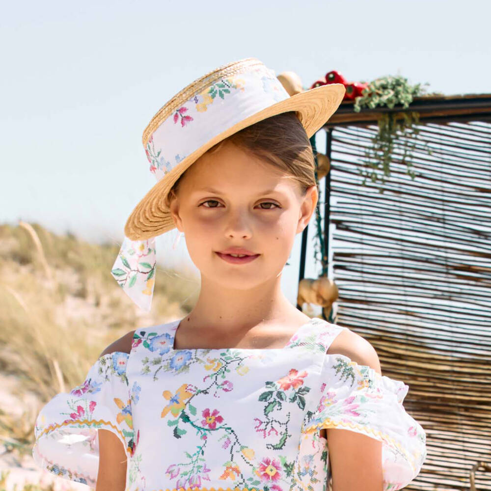 Patachou-Girls Floral Beige Sun Hat | Childrensalon Outlet