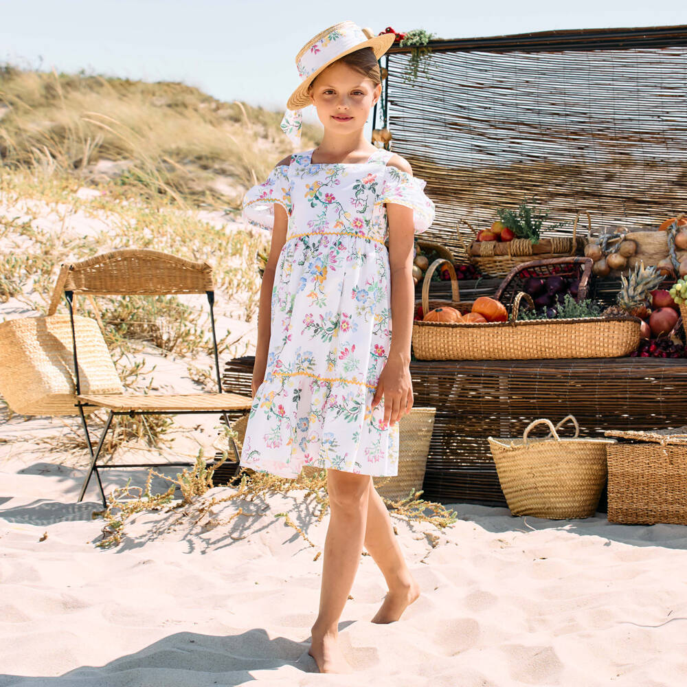 Patachou-فستان بناتي قطني مزين بالورود بأكتاف مكشوفة | Childrensalon Outlet