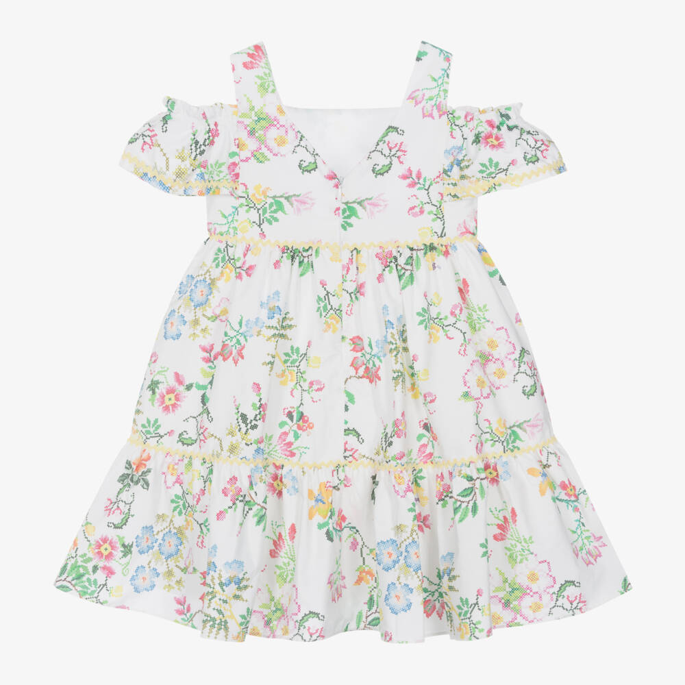 Patachou-فستان بناتي قطني مزين بالورود بأكتاف مكشوفة | Childrensalon Outlet
