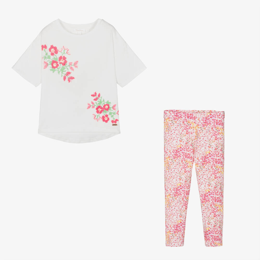 Patachou-Girls Floral Pink Cotton Legging Set | Childrensalon Outlet