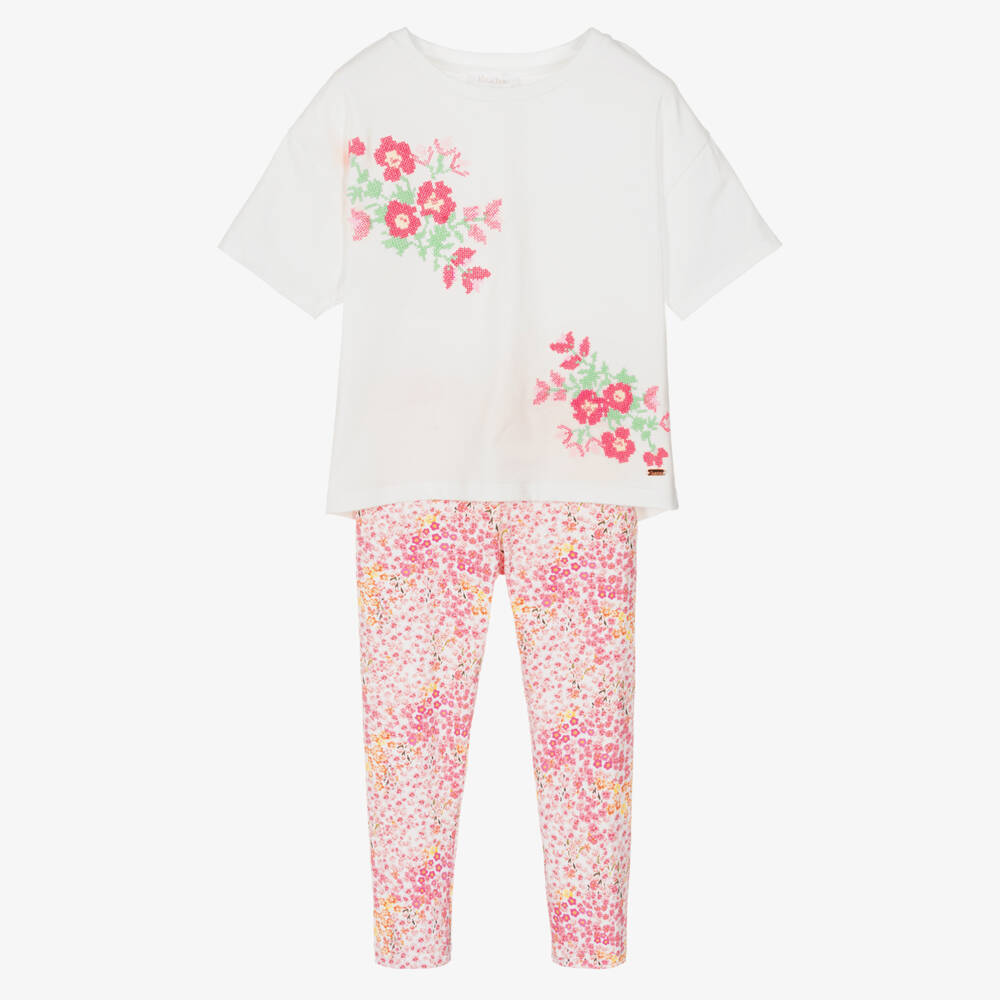 Patachou-Girls Floral Pink Cotton Legging Set | Childrensalon Outlet