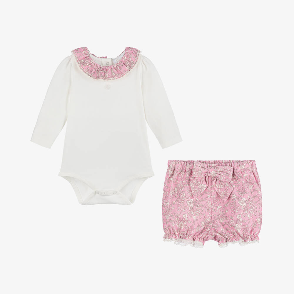 Patachou-Girls Floral White & Pink Shorts Set | Childrensalon Outlet