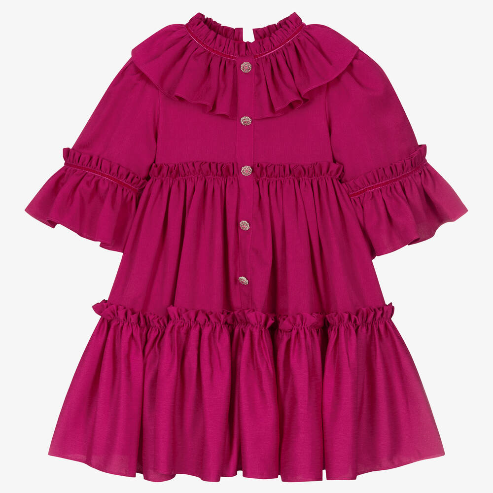 Patachou - Girls Fuchsia Pink Tiered Crêpe Dress | Childrensalon