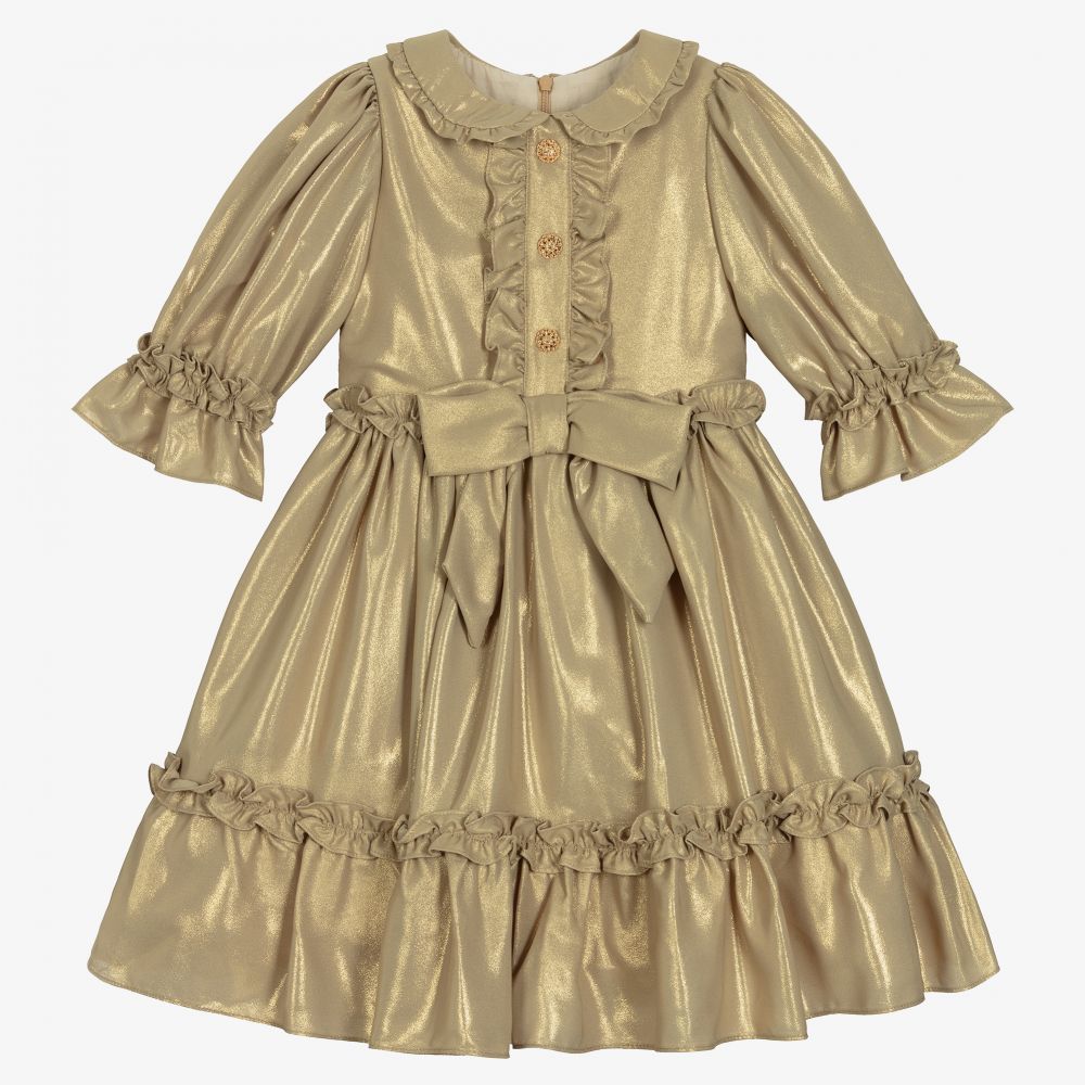 Patachou - Girls Gold Crêpe Ruffle Dress | Childrensalon