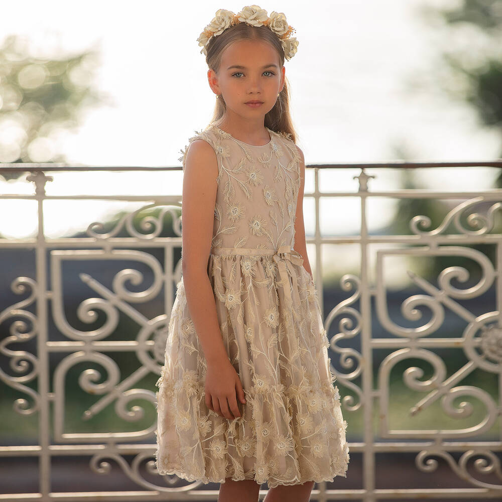 Patachou Girls Gold Floral Tulle Dress Childrensalon Outlet