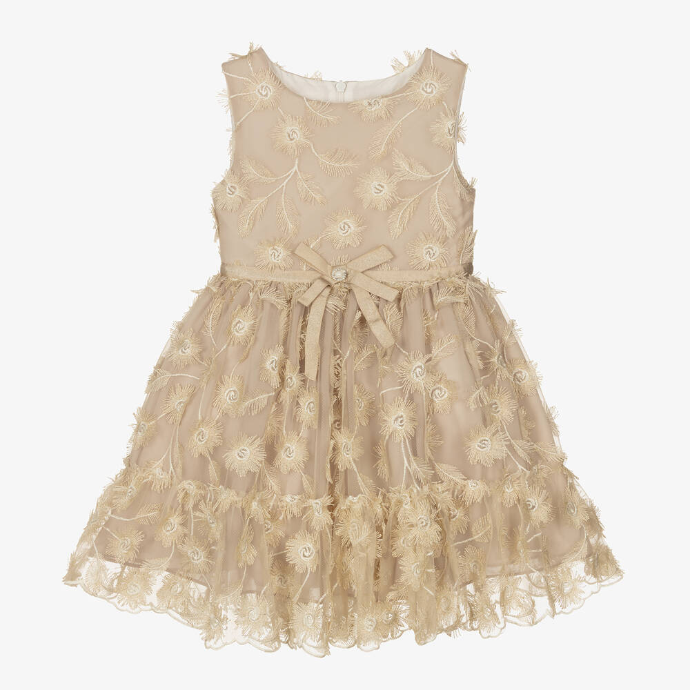 Patachou - Girls Gold Floral Tulle Dress | Childrensalon