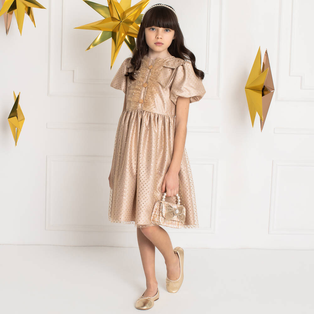 Patachou-Girls Gold Glitter Polka Dot Dress | Childrensalon Outlet