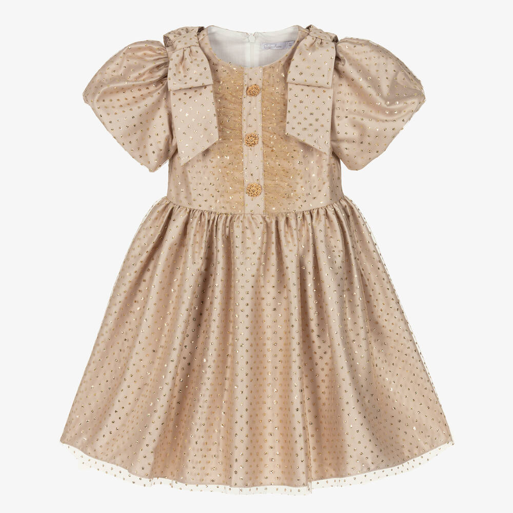 Patachou - Girls Gold Glitter Polka Dot Dress | Childrensalon