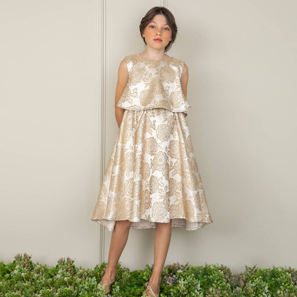 Patachou-Girls Gold Jacquard Satin Dress | Childrensalon Outlet