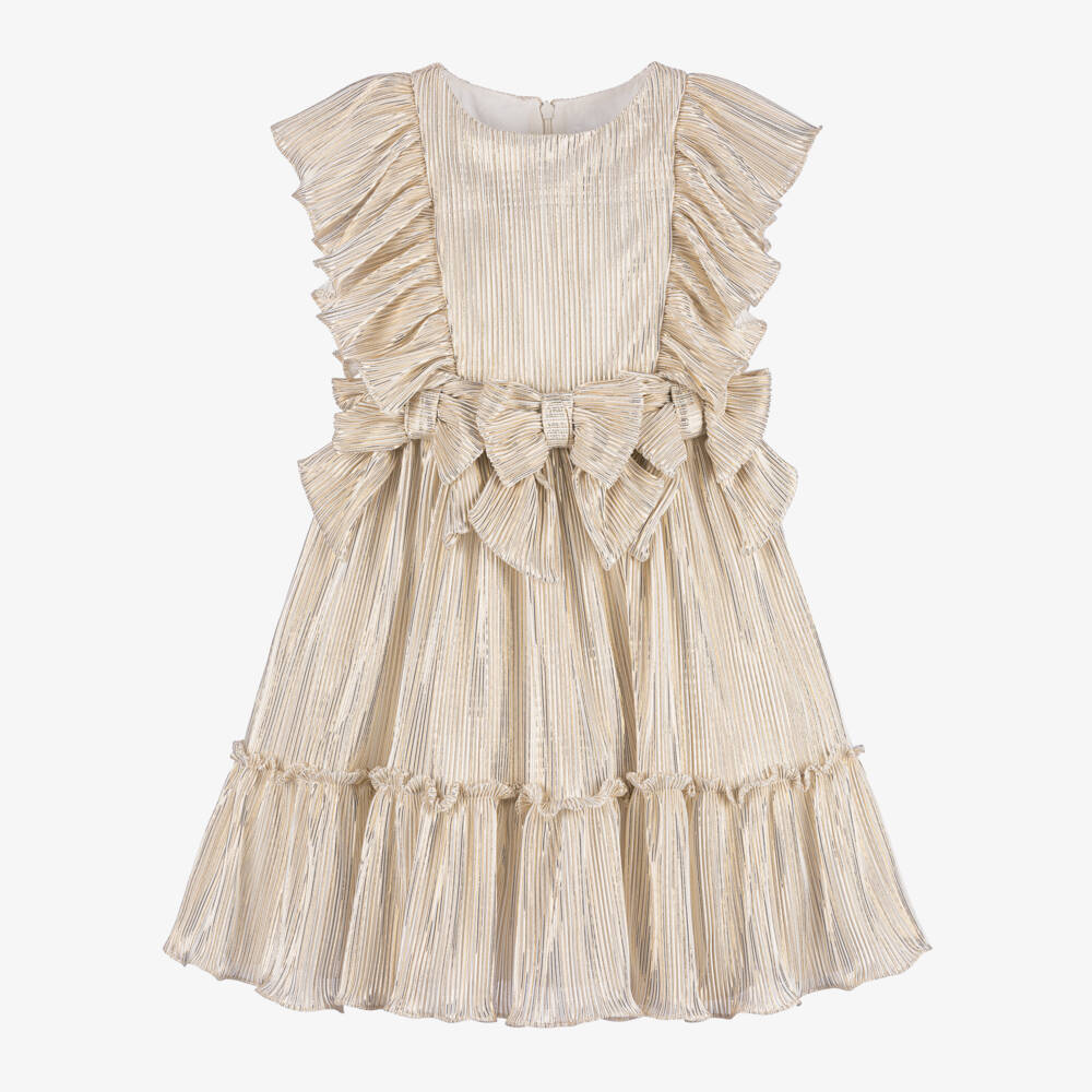 Patachou-Girls Gold Mesh Bow Dress | Childrensalon Outlet