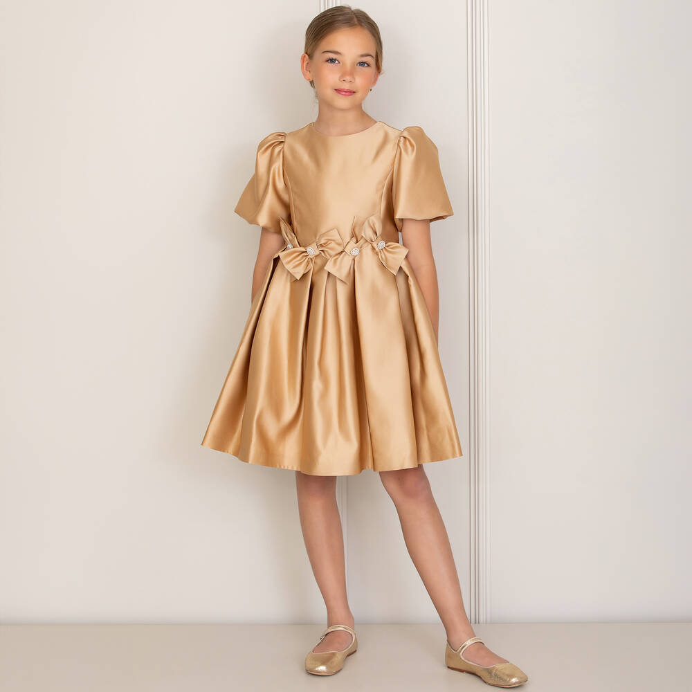 Patachou-Золотистое атласное платье с бантиками | Childrensalon Outlet