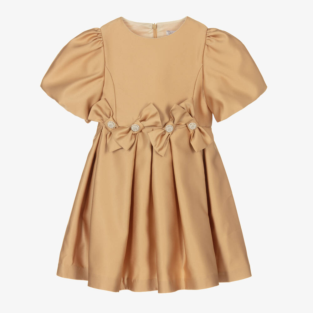 Patachou - Girls Gold Satin Bows Dress | Childrensalon