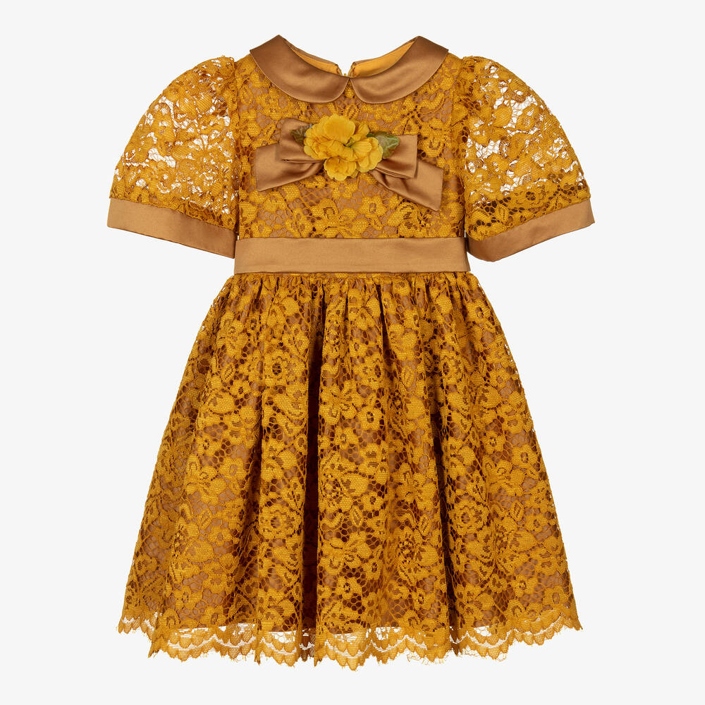 Patachou - Girls Gold Satin & Lace Dress | Childrensalon