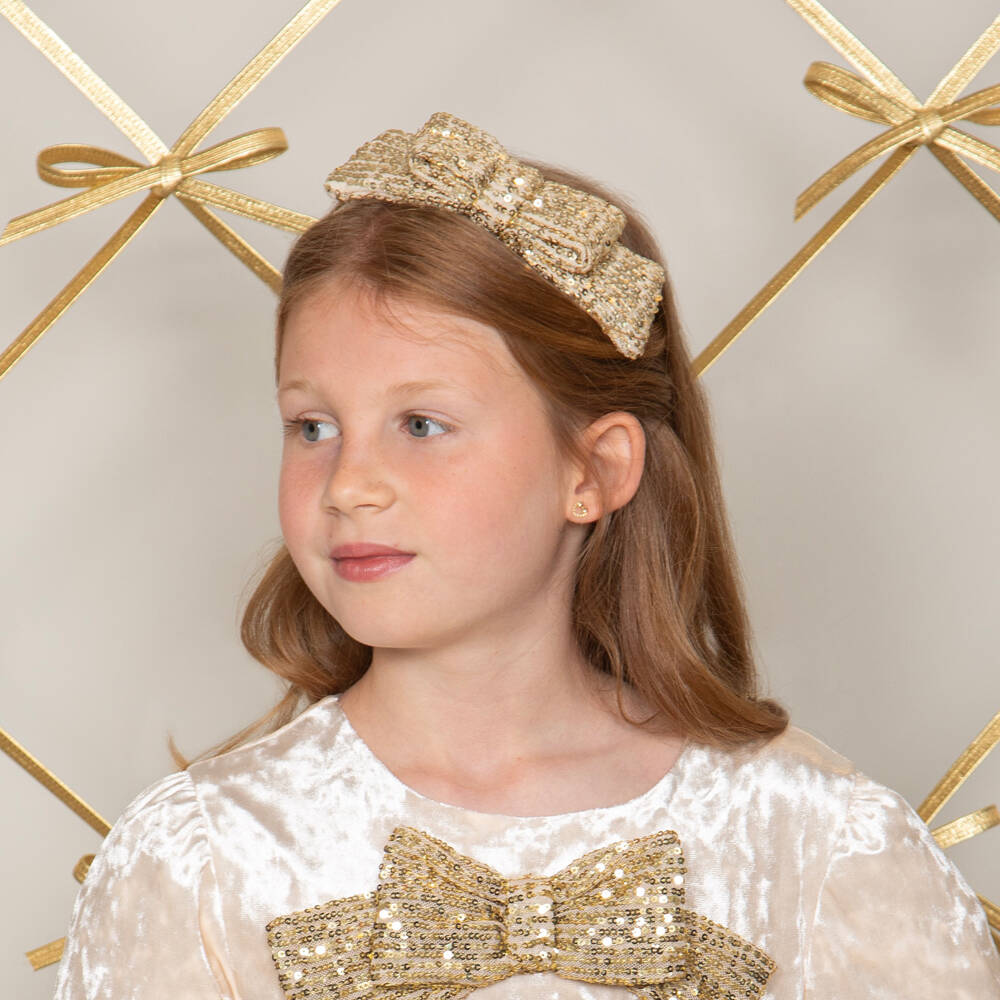 Patachou-Girls Gold Sequin Bow Hairband | Childrensalon Outlet