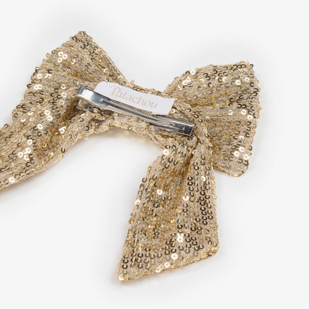 Patachou-Girls Gold Sequinned Tulle Bow Hair Clip (13.5cm) | Childrensalon Outlet