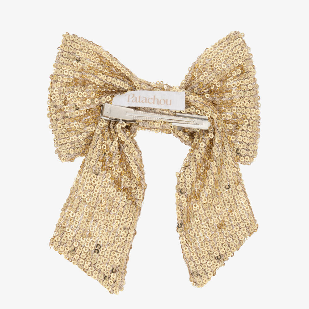 Patachou-Girls Gold Sequinned Tulle Bow Hair Clip (13.5cm) | Childrensalon Outlet
