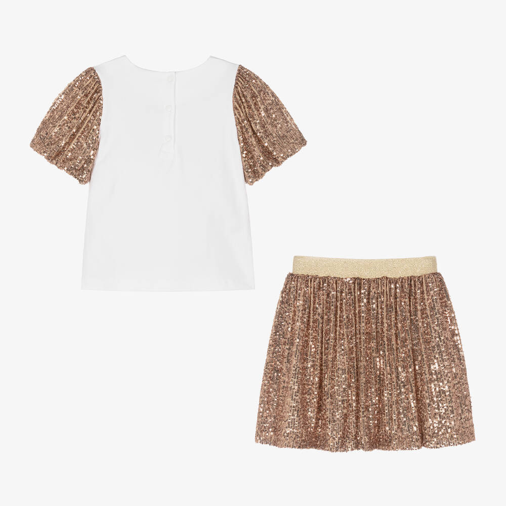 باتاشو-طقم تنورة قطن وتول لون ذهبي مزين بكشكش | Childrensalon Outlet