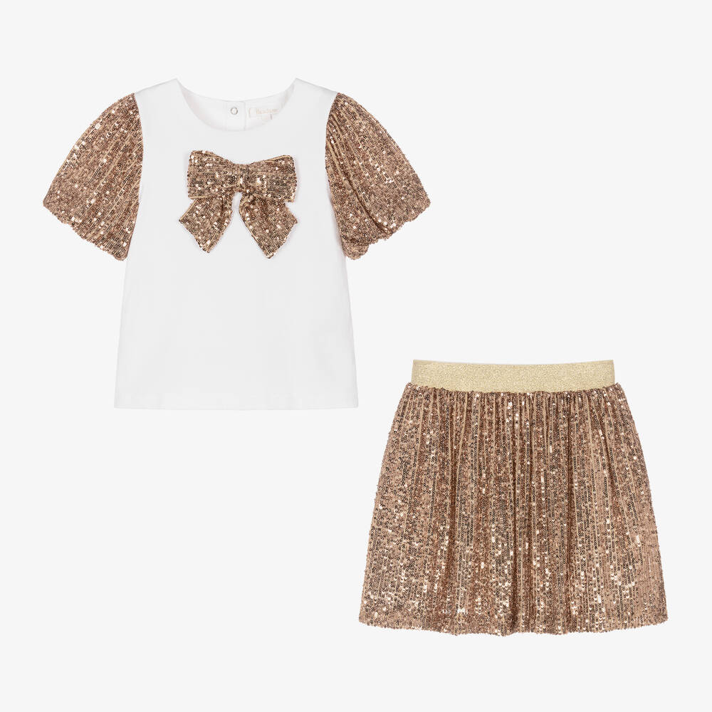 باتاشو-طقم تنورة قطن وتول لون ذهبي مزين بكشكش | Childrensalon Outlet