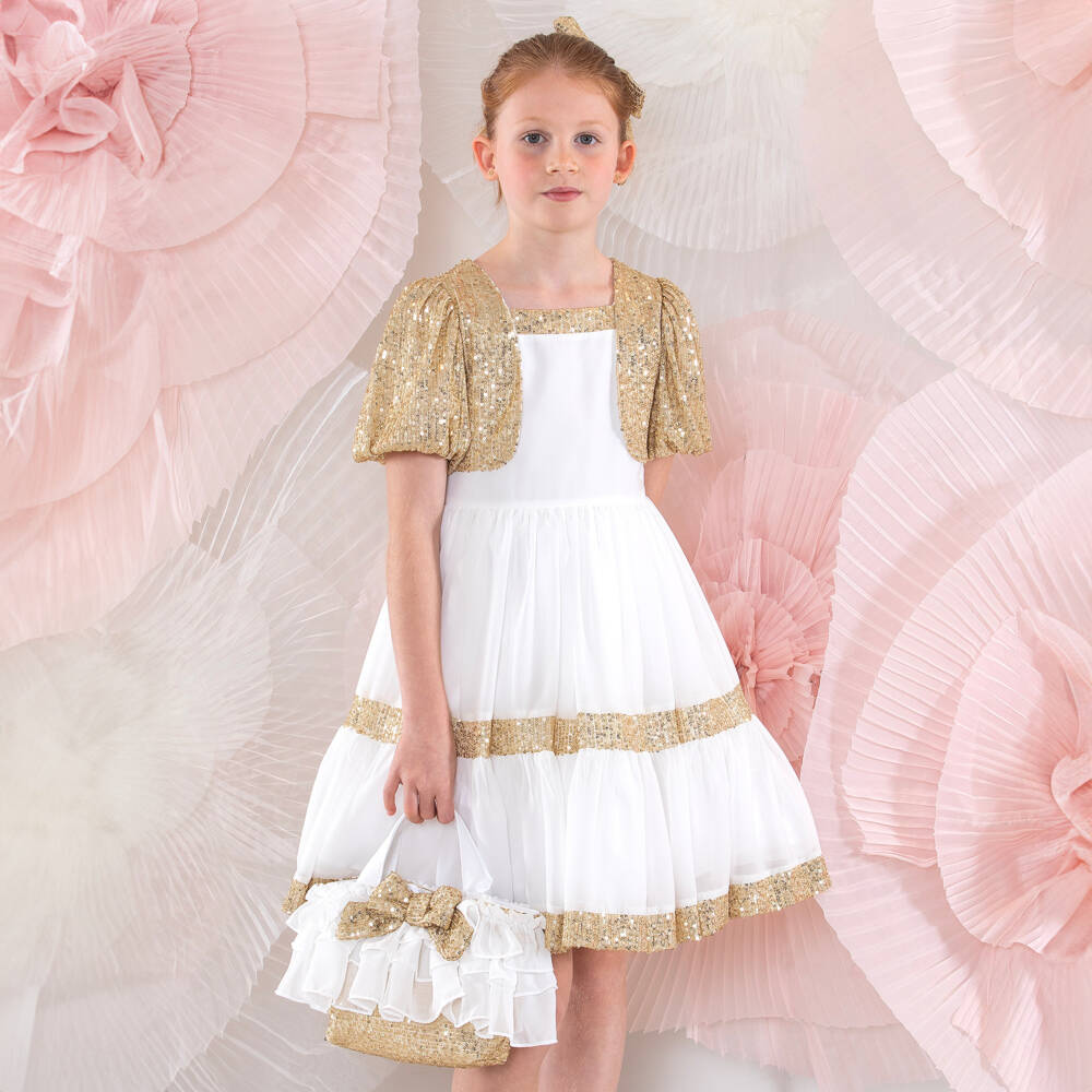 Patachou-Girls Gold & White Sequin Chiffon Dress | Childrensalon Outlet