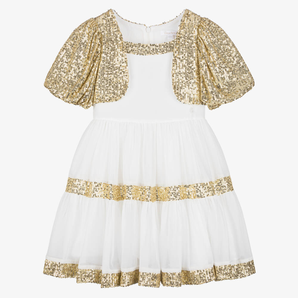 Patachou-Girls Gold & White Sequin Chiffon Dress | Childrensalon Outlet