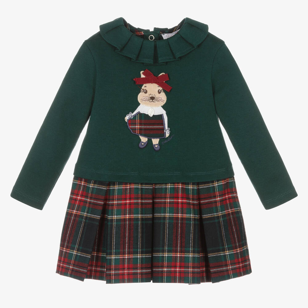 Patachou - Girls Green Bunny Tartan Dress  | Childrensalon