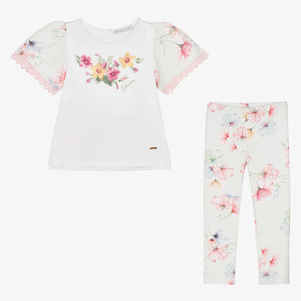 Patachou-Girls Green Cotton Floral Leggings Set | Childrensalon Outlet