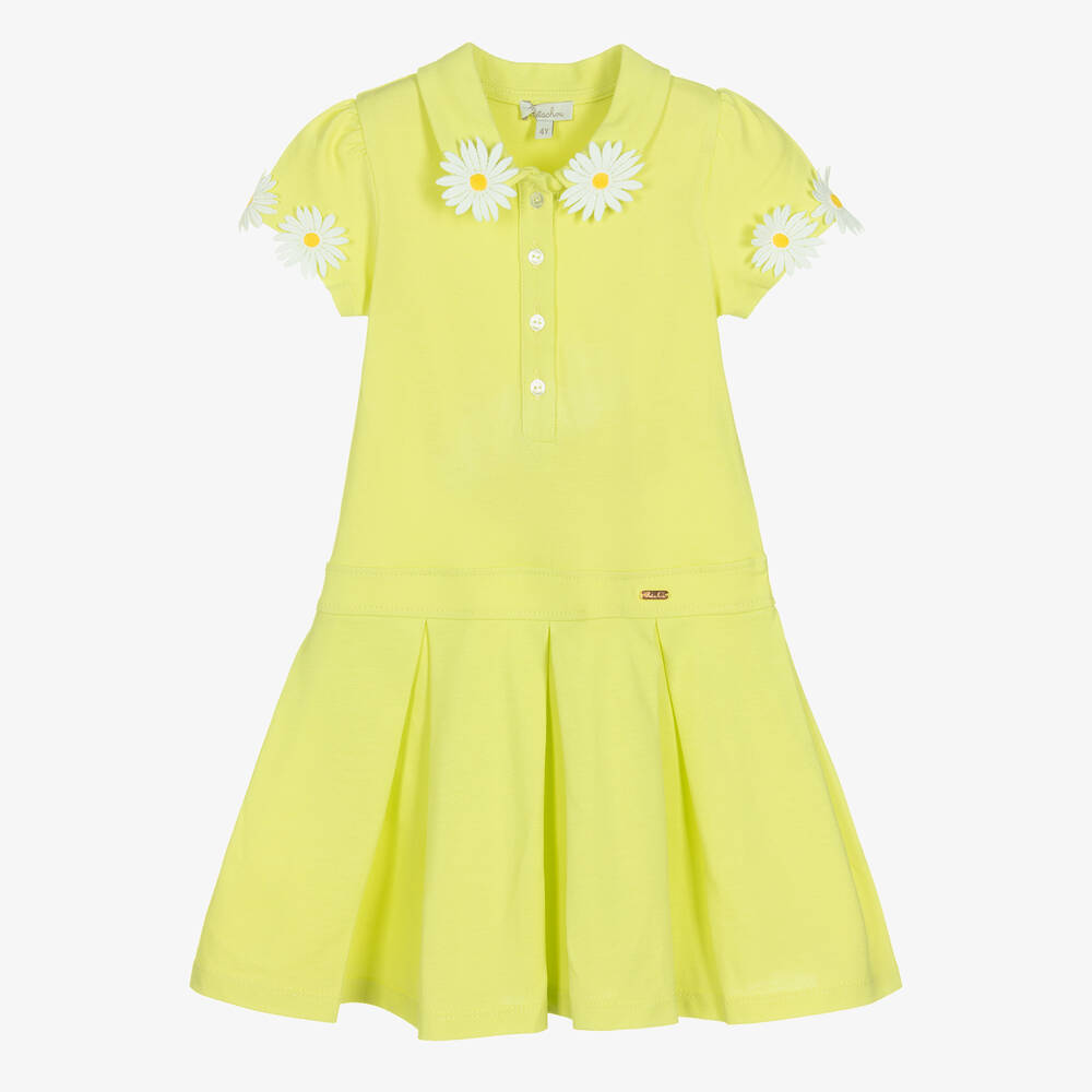 Patachou - Girls Green Cotton Flowers Polo Dress | Childrensalon