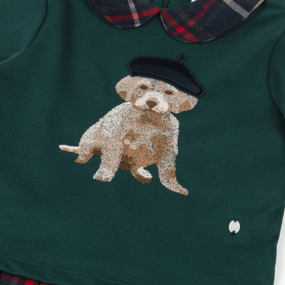 Patachou-Girls Green Cotton Jersey & Tartan Dress | Childrensalon Outlet