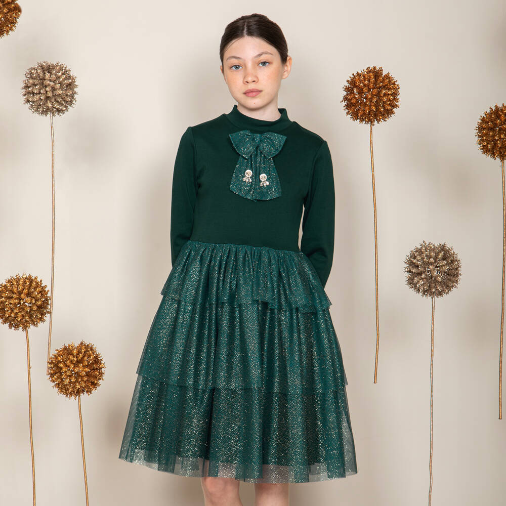 Patachou-Girls Green Glittery Tulle Tiered Dress | Childrensalon Outlet