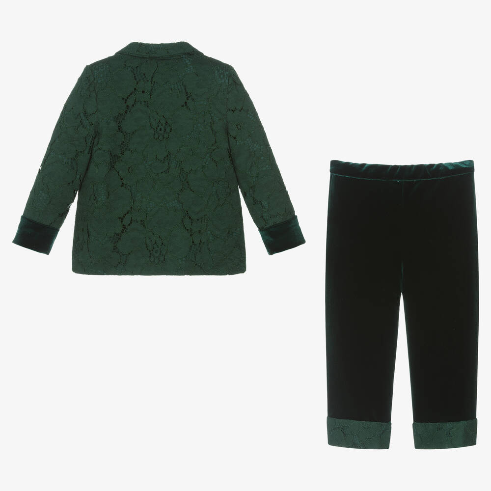 Patachou-بِدلة دانتيل وقطيفة لون أخضر للبنات | Childrensalon Outlet