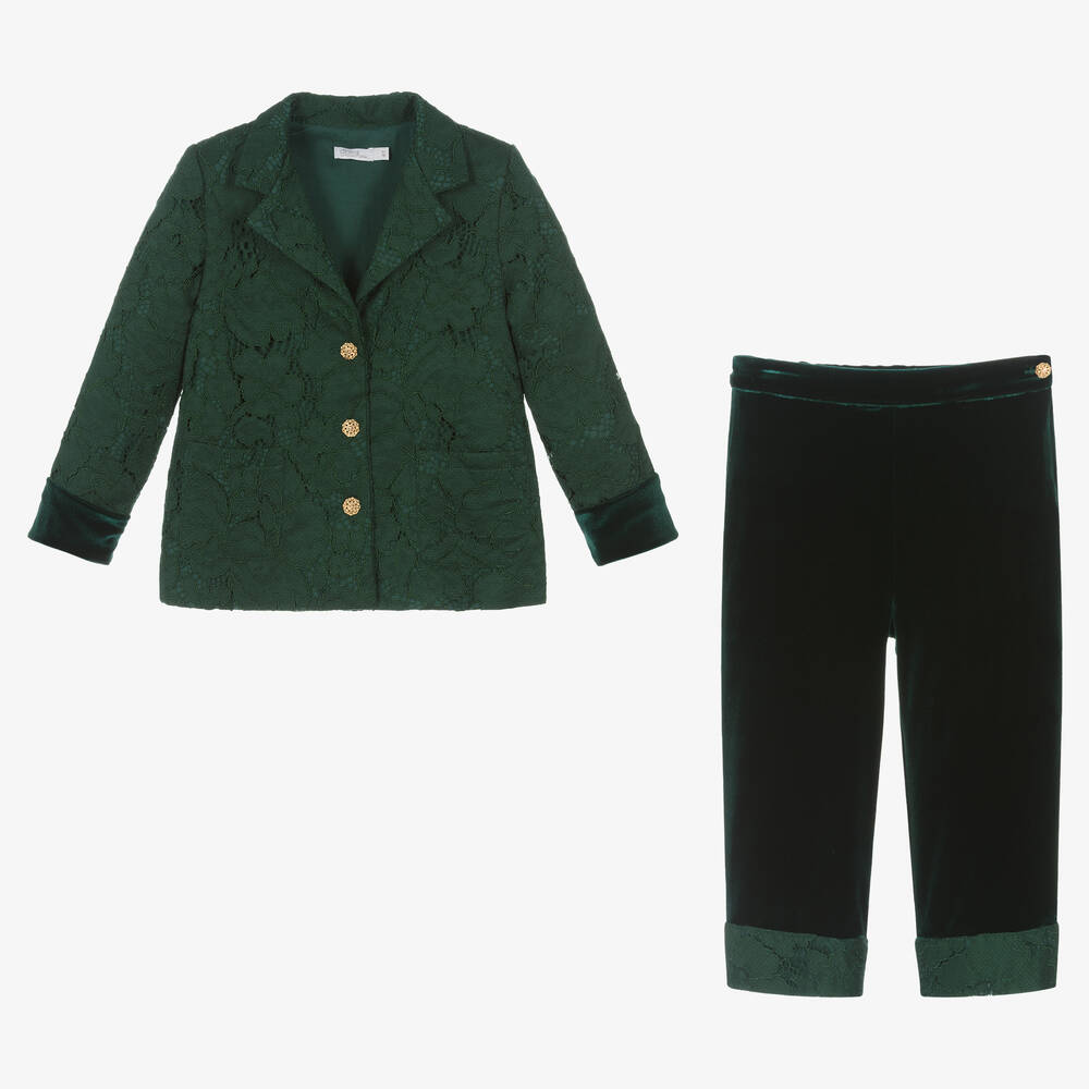 Patachou-بِدلة دانتيل وقطيفة لون أخضر للبنات | Childrensalon Outlet